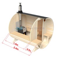 Sauna exterioara tip butoi lungime 2,4m Ø 2,0m cu banca exterioara molid
