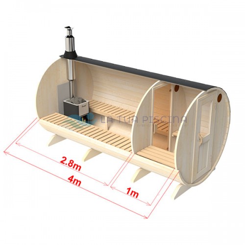 Sauna exterioata tip butoi  lungime 4m Ø 2,2m cu antecamera molid soba pe lemne