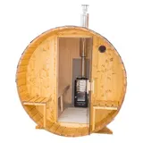 Sauna exterioara tip butoi lungime 2,4m Ø 2,0m cu banca exterioara molid — imaginea 4