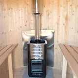 Sauna exterioara tip butoi lungime 3m Ø 2,2m molid thermowood soba pe lemne — imaginea 4